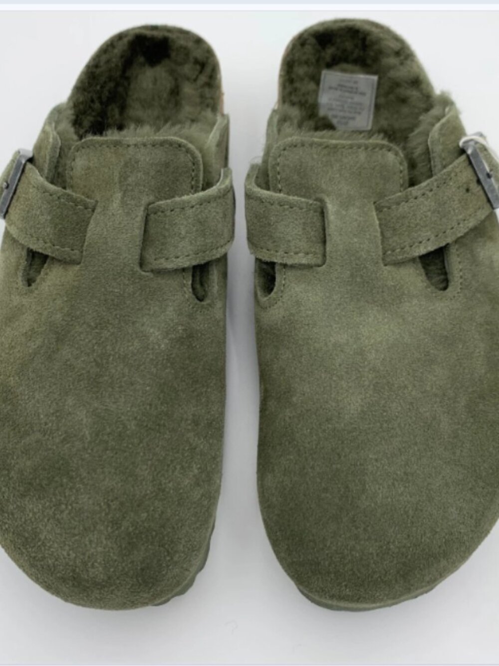Birkenstock Boston Shearling Suede Leather Thyme Narrow Width Sandals